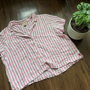 Pink Pinstripe Button Down Short Sleeve Blouse Size XL